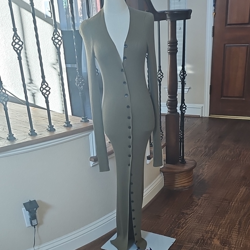 Long Silk Ribbed Button-Front Olive Maxi Dress